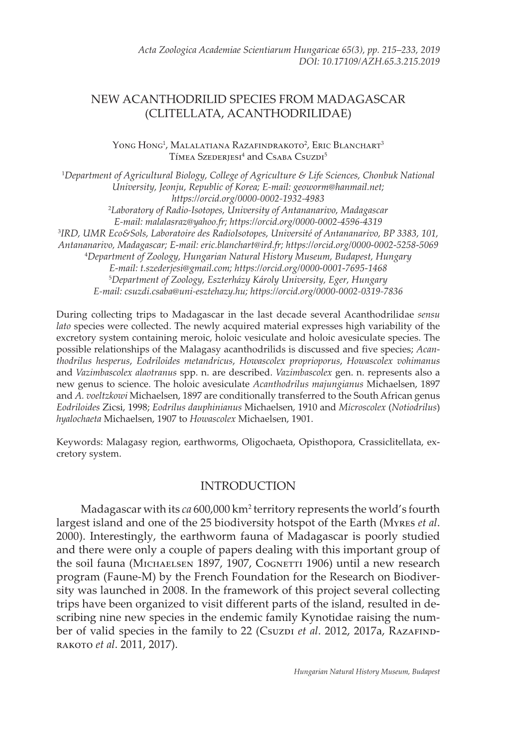 New Acanthodrilid Species from Madagascar (Clitellata, Acanthodrilidae)