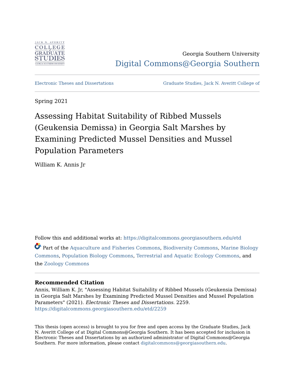 Assessing Habitat Suitability of Ribbed Mussels (Geukensia Demissa) in Georgia Salt Marshes by Examining Predicted Mussel Densities and Mussel Population Parameters