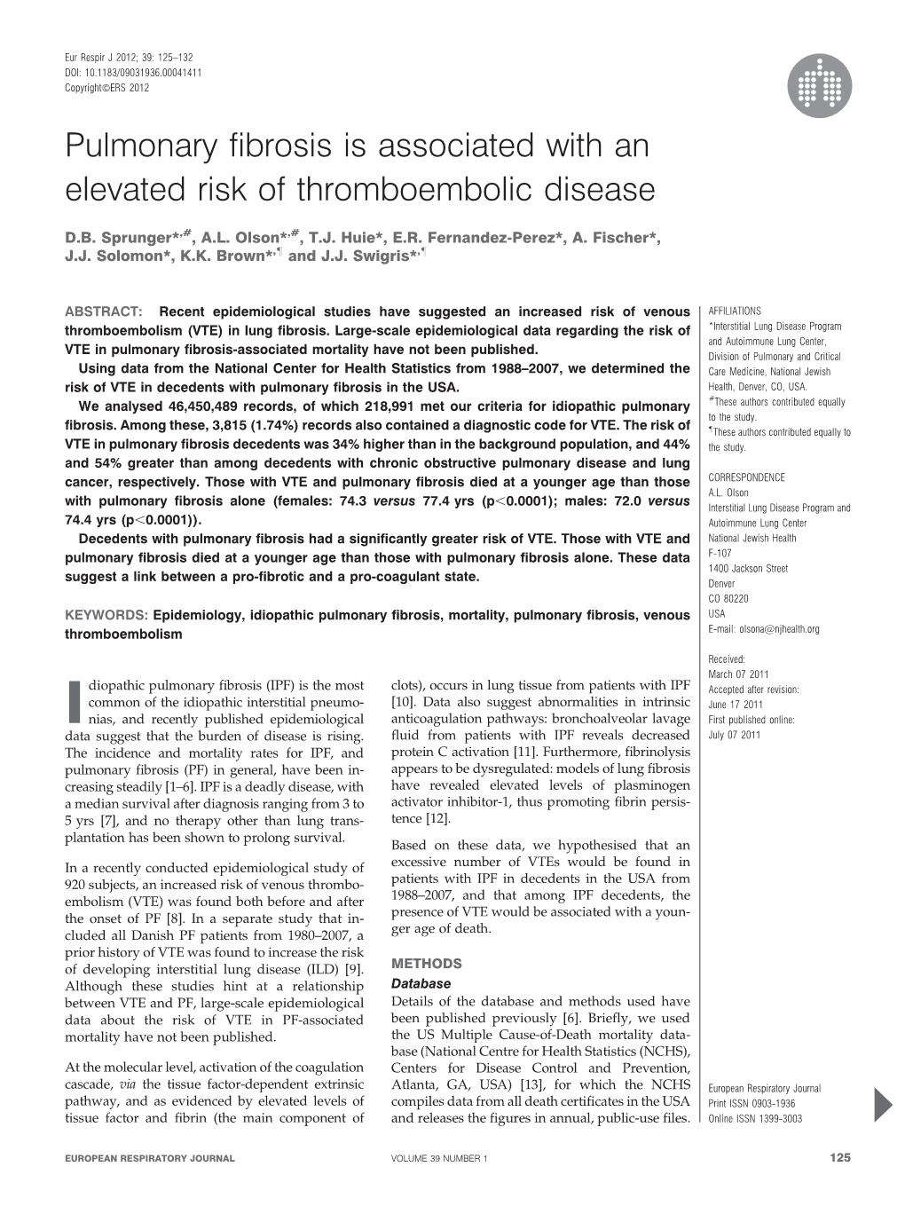Pulmonary Fibrosis Is Associated with an Elevated Risk of Thromboembolic Disease