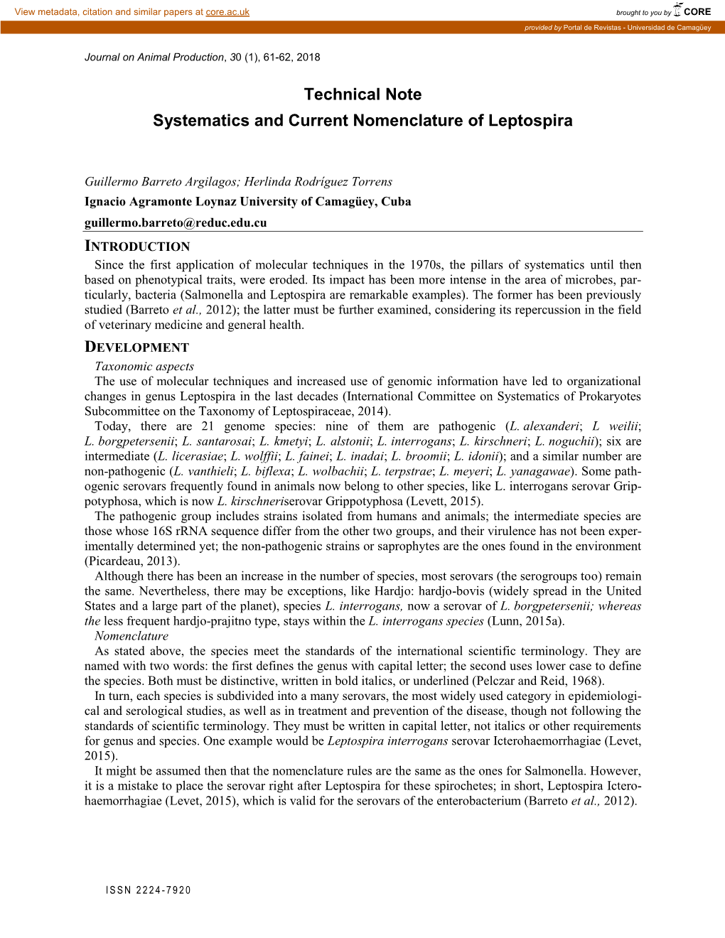 Technical Note. Systematics and Current Nomenclature of Leptospira