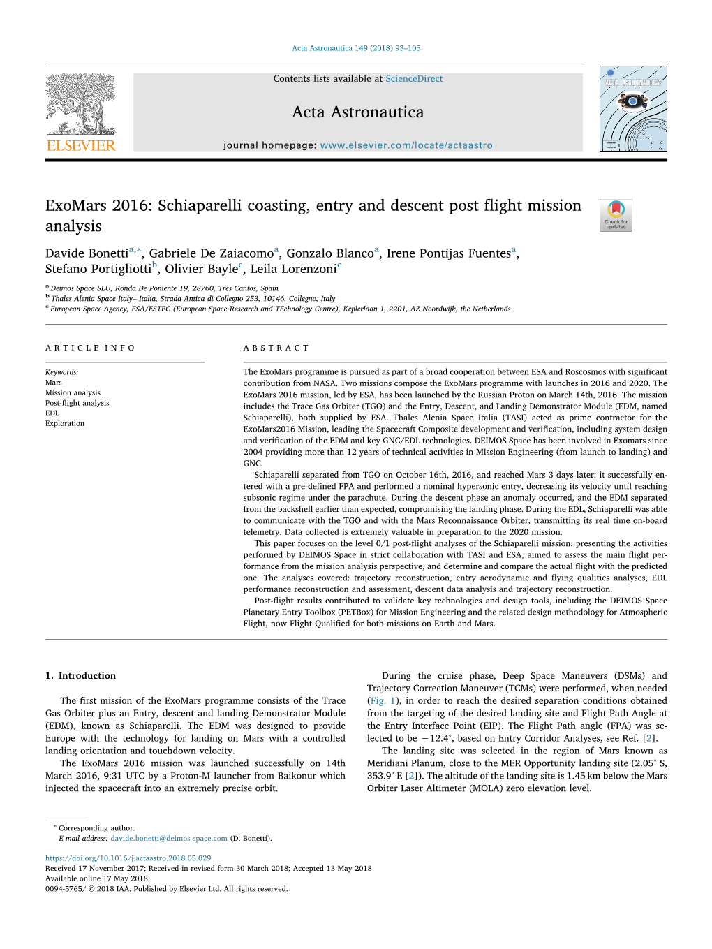 Schiaparelli Coasting, Entry and Descent Post Flight Mission Analysis