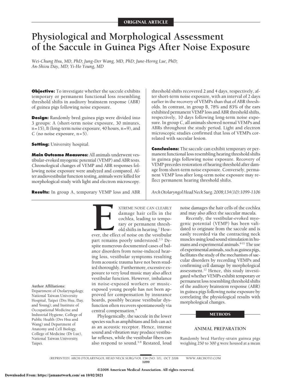 Physiological and Morphological Assessment of the Saccule in Guinea Pigs After Noise Exposure