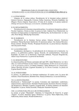 Programa Para El Examen De Conjunto LITERATURA BÚLGARA Departamento De Filología Románica, Filología Eslava Y Lingüística General (Titulación De Filología Eslava)
