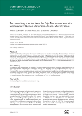 Two New Frog Species from the Foja Mountains in Northwestern New Guinea (Amphibia, Anura, Microhylidae)