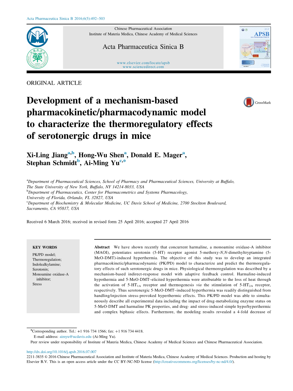 Development of a Mechanism-Based Pharmacokinetic/Pharmacodynamic Model to Characterize the Thermoregulatory Effects of Serotonergic Drugs in Mice