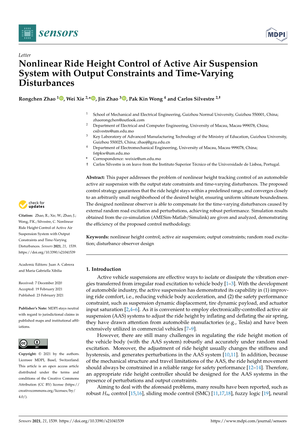 Nonlinear Ride Height Control of Active Air Suspension System with Output Constraints and Time-Varying Disturbances