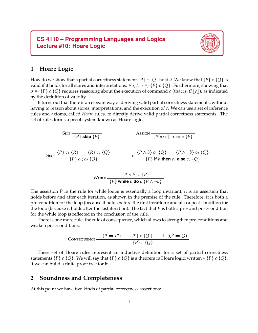 1 Hoare Logic 2 Soundness and Completeness