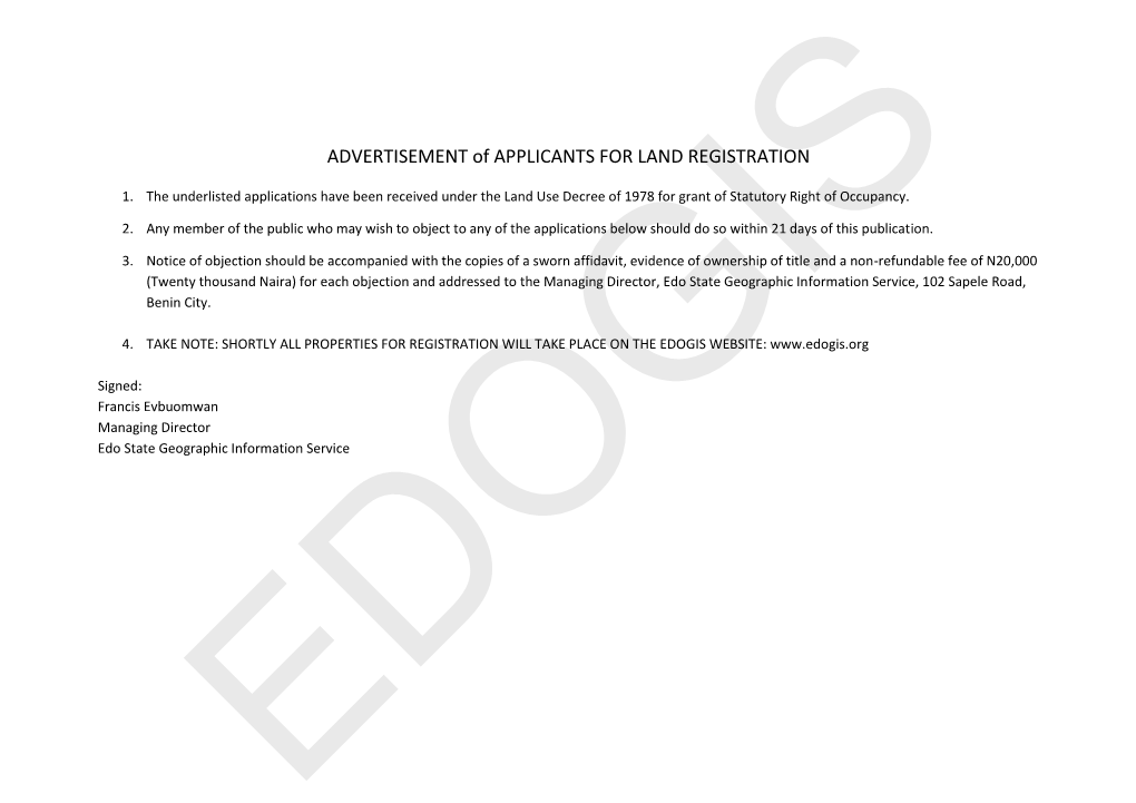 ADVERTISEMENT of APPLICANTS for LAND REGISTRATION