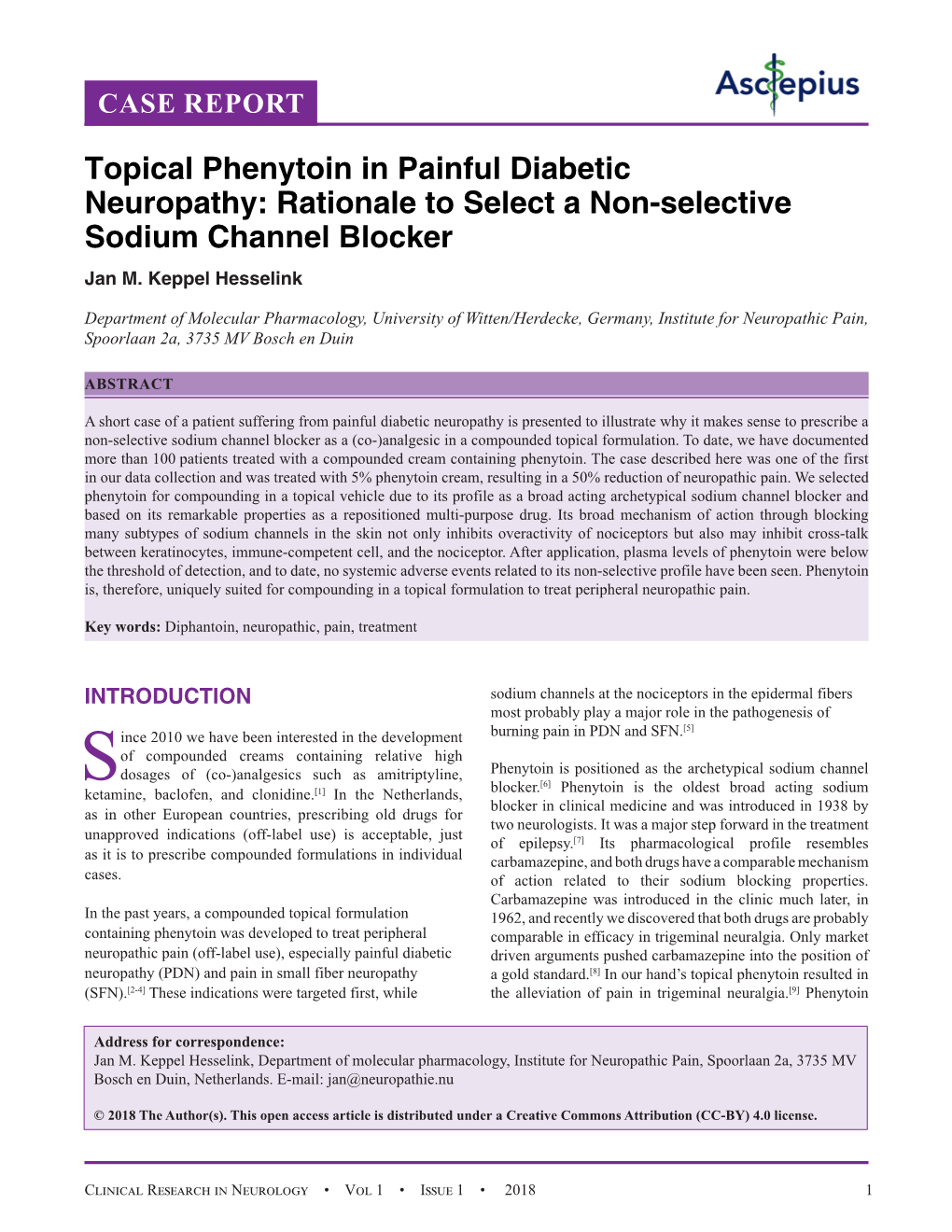 Topical Phenytoin in Painful Diabetic Neuropathy: Rationale to Select a Non-Selective Sodium Channel Blocker Jan M