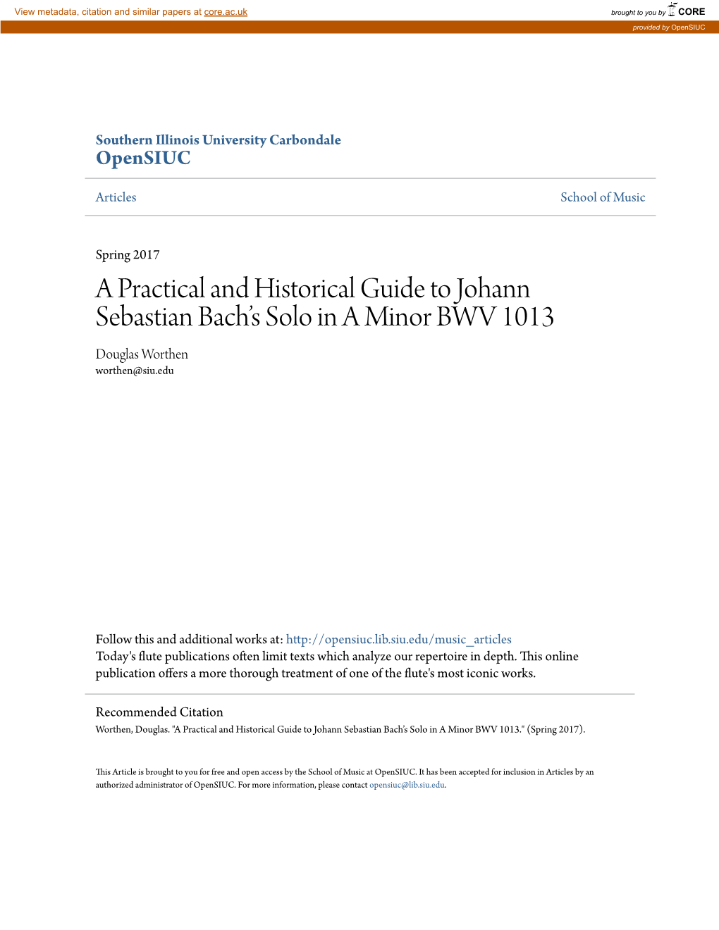 A Practical and Historical Guide to Johann Sebastian Bach's Solo in A