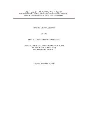 Minutes of Proceedings of the Public Consultation 2 Oil-Fired Power Plant Project in Kuujjuaq by Hydro-Québec KEQC