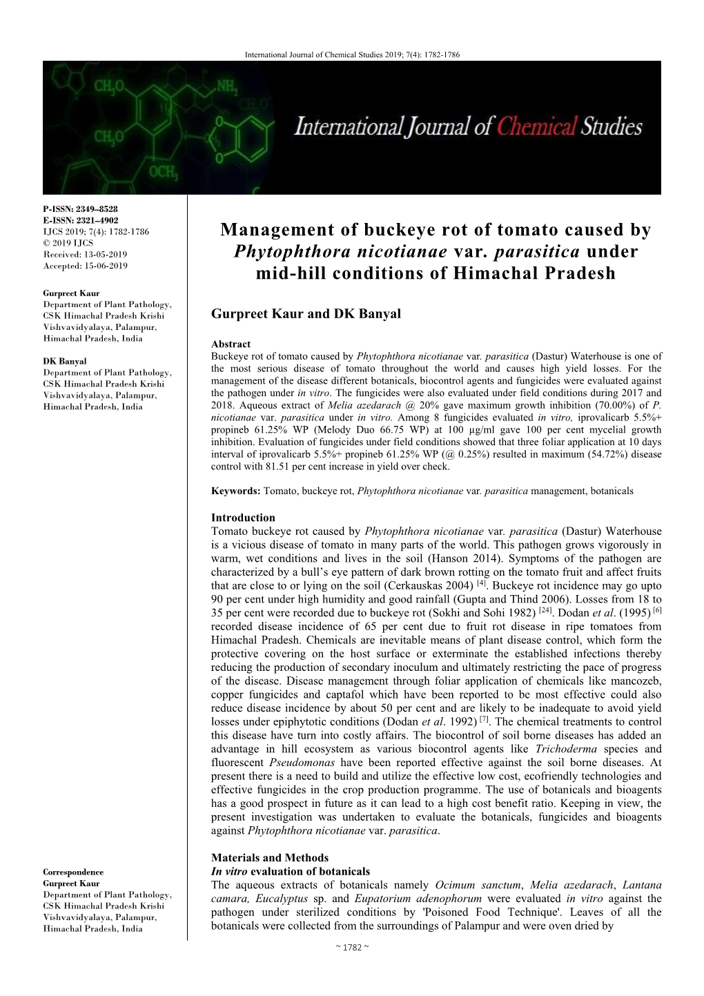 Management of Buckeye Rot of Tomato Caused by Phytophthora Nicotianae