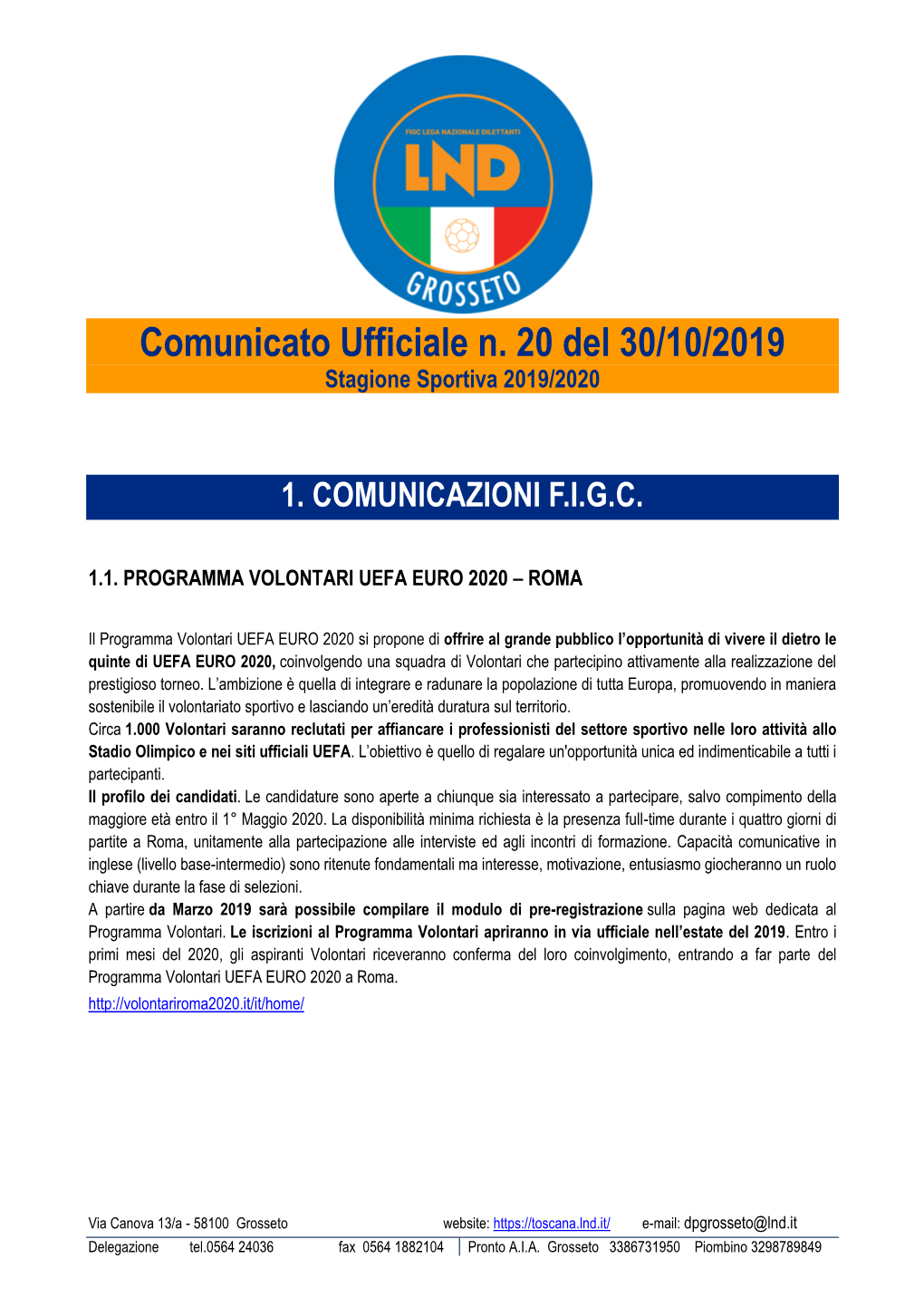 Comunicato Ufficiale N. 20 Del 30/10/2019 Stagione Sportiva 2019/2020