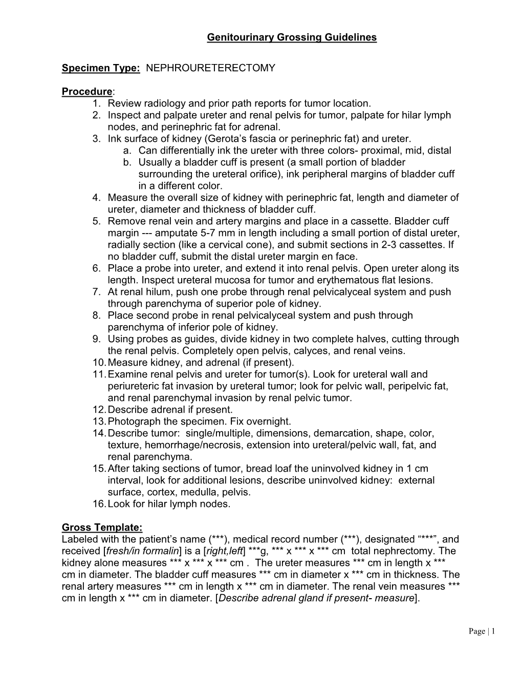 Genitourinary Grossing Guidelines Specimen Type