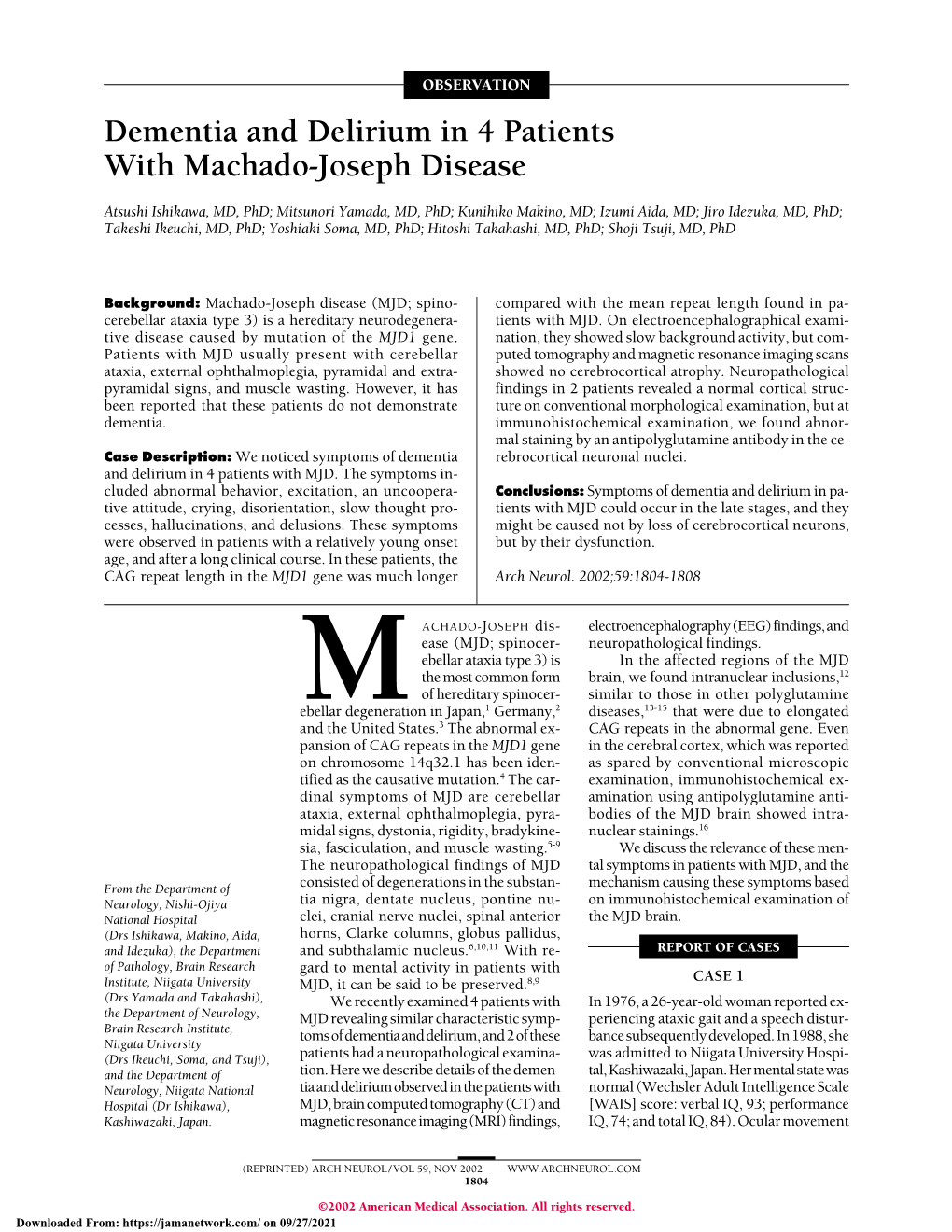 Dementia and Delirium in 4 Patients with Machado-Joseph Disease