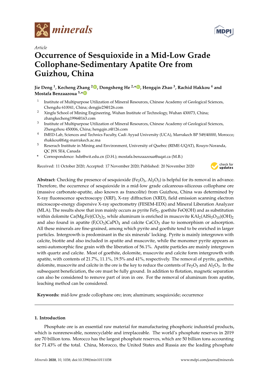 Occurrence of Sesquioxide in a Mid-Low Grade Collophane-Sedimentary Apatite Ore from Guizhou, China