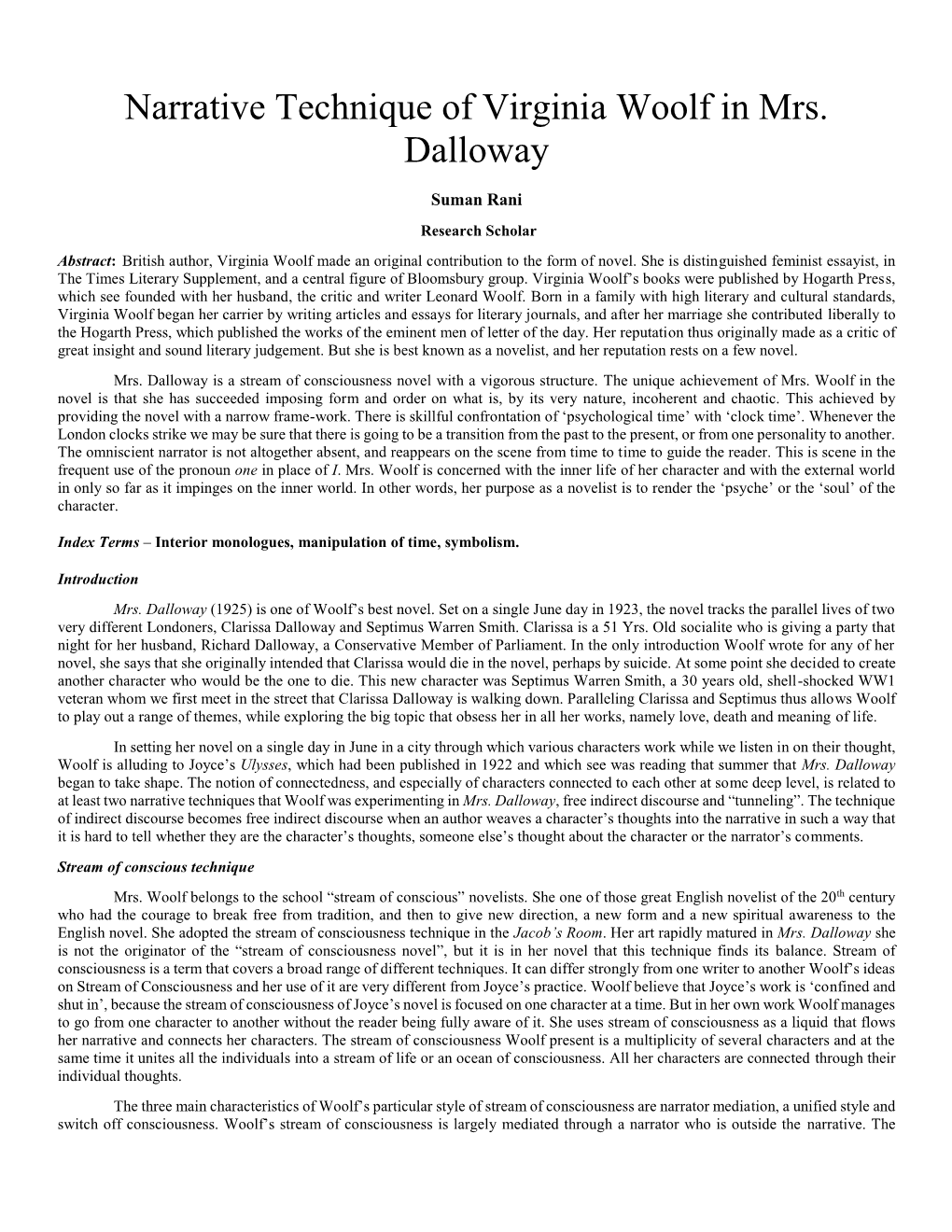 Narrative Technique of Virginia Woolf in Mrs. Dalloway