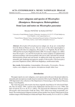 Hemiptera: Heteroptera: Helotrephidae) from Laos and Notes on Mixotrephes Punctatus