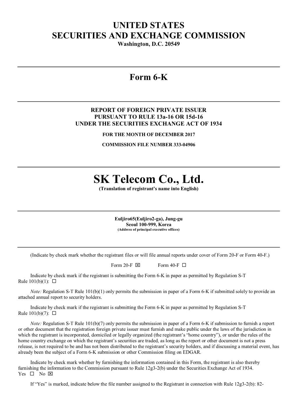 SK Telecom Co., Ltd. (Translation of Registrant’S Name Into English)