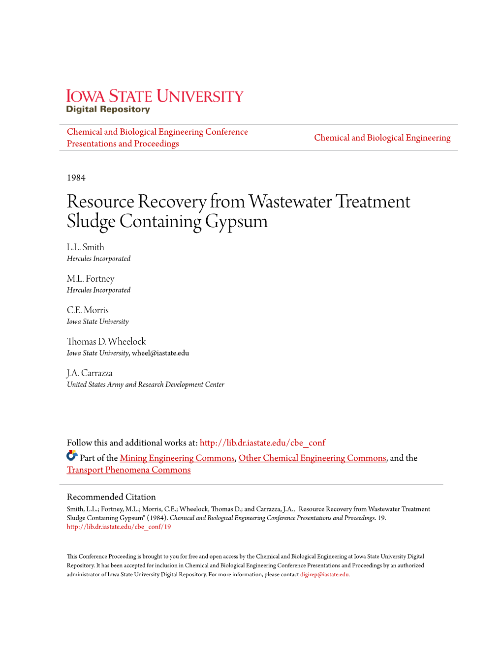 Resource Recovery from Wastewater Treatment Sludge Containing Gypsum L.L