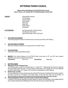 Minutes of the Third Meeting of the 2017/2018 Parish Council Held at 7.30 Pm on 19Th October 2017 in the Wittering Bowls’ Club Pavilion