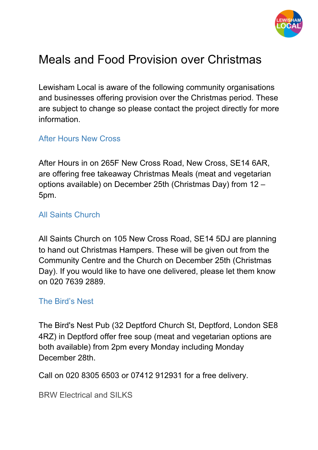 Meals and Food Provision Over Christmas