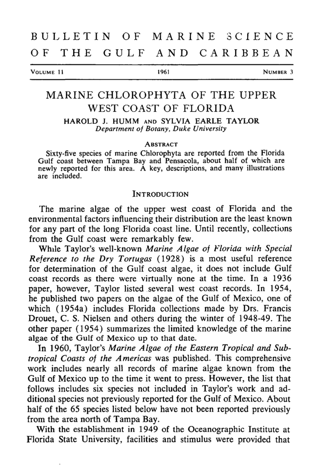 Marine Chlorophyta of the Upper West Coast of Florida