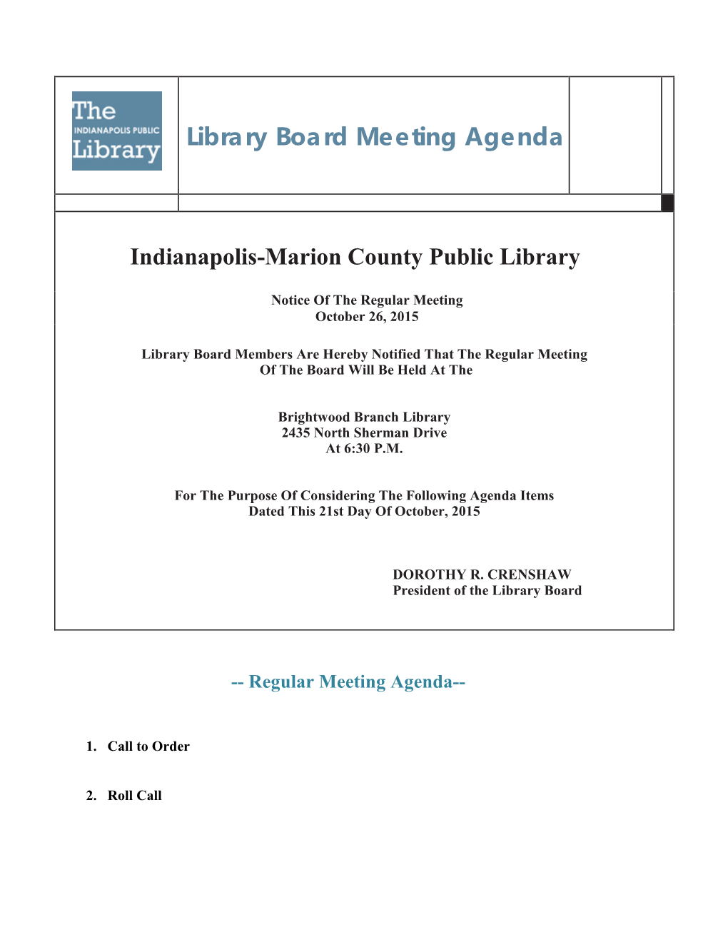 Library Board Meeting Agenda