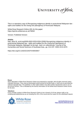 Recognizing Indigenous Identity in Postcolonial Malaysian Law : Rights and Realities for the Orang Asli (Aborigines) of Peninsular Malaysia