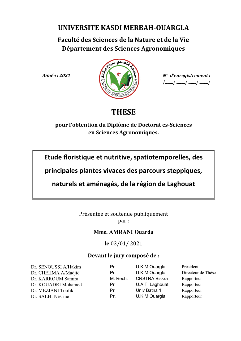 2021 Etude Floristique Et Nutritive, Spatiotemporelles, Des