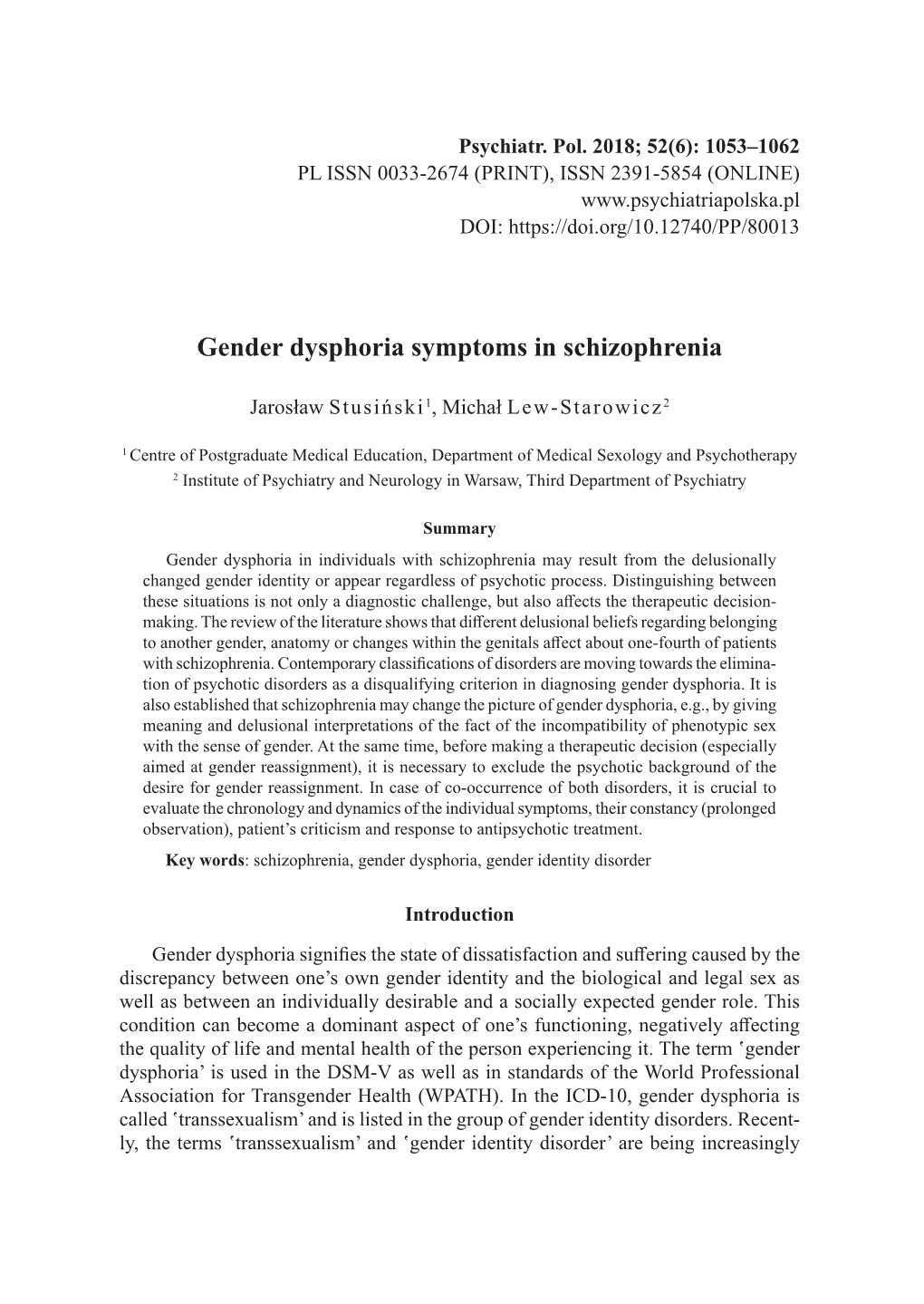 Gender Dysphoria Symptoms in Schizophrenia