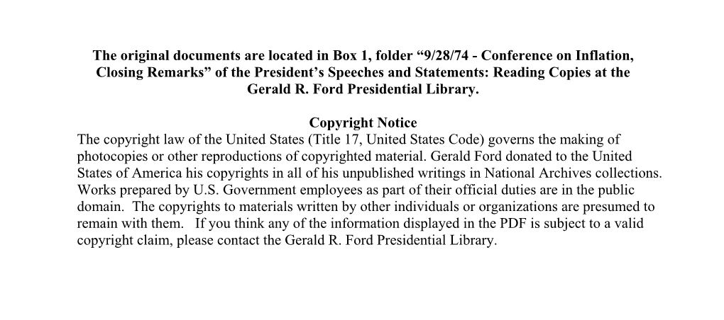 Conference on Inflation, Closing Remarks” of the President’S Speeches and Statements: Reading Copies at the Gerald R