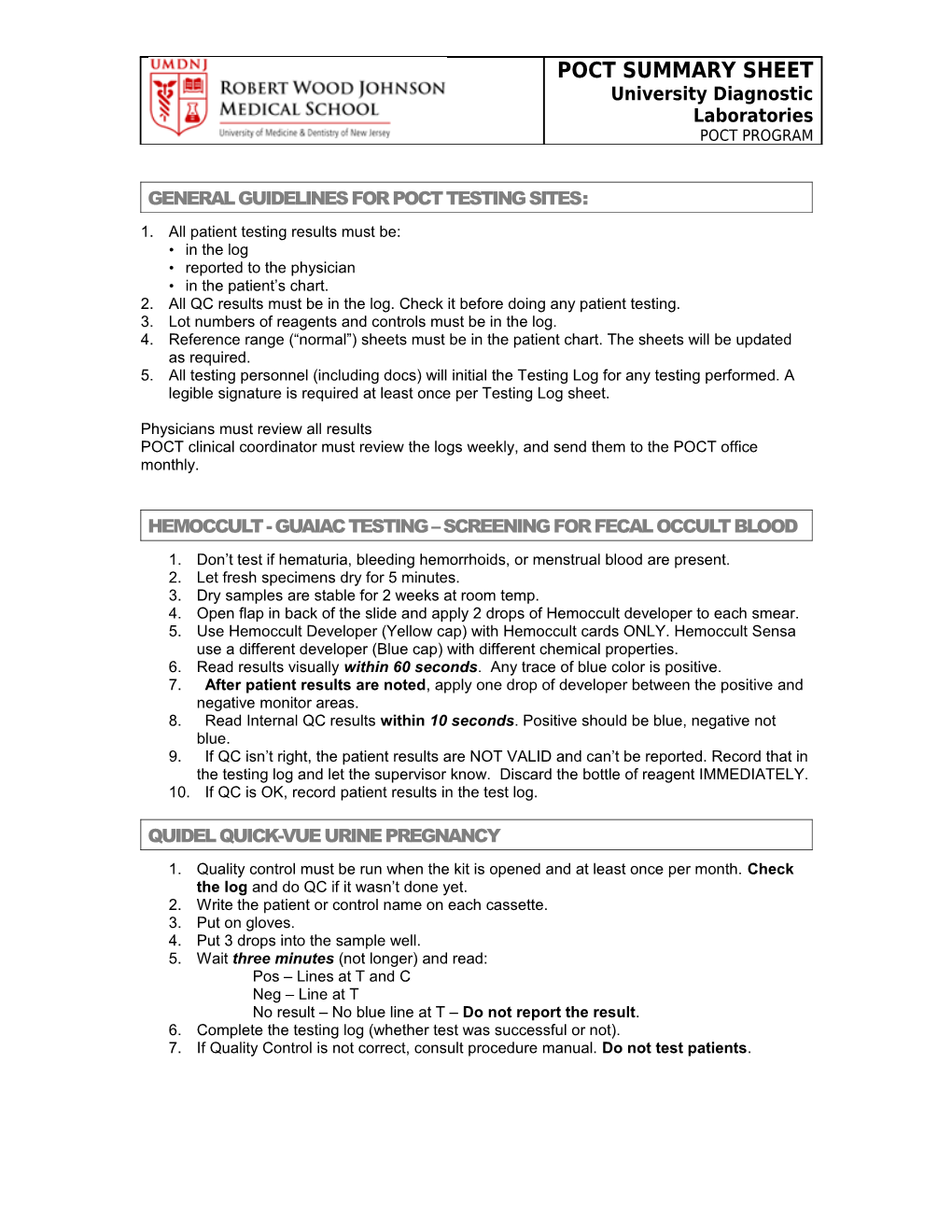 General Guidelines for Poct Testing Sites