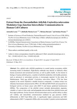 Extract from the Zooxanthellate Jellyfish Cotylorhiza Tuberculata Modulates Gap Junction Intercellular Communication in Human Cell Cultures
