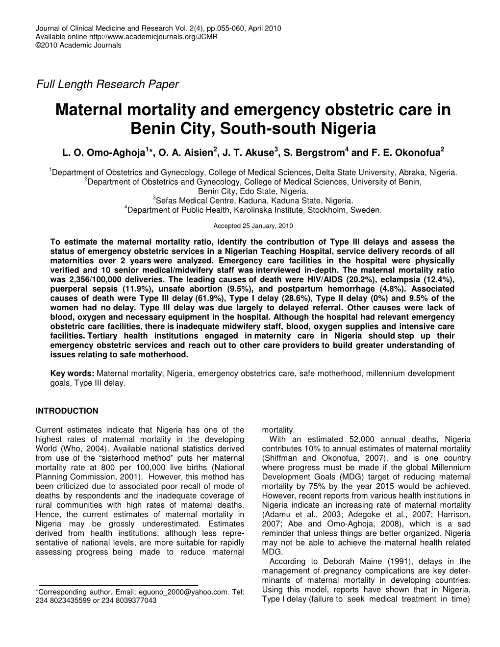 Maternal Mortality and Emergency Obstetric Care in Benin City, South-South Nigeria