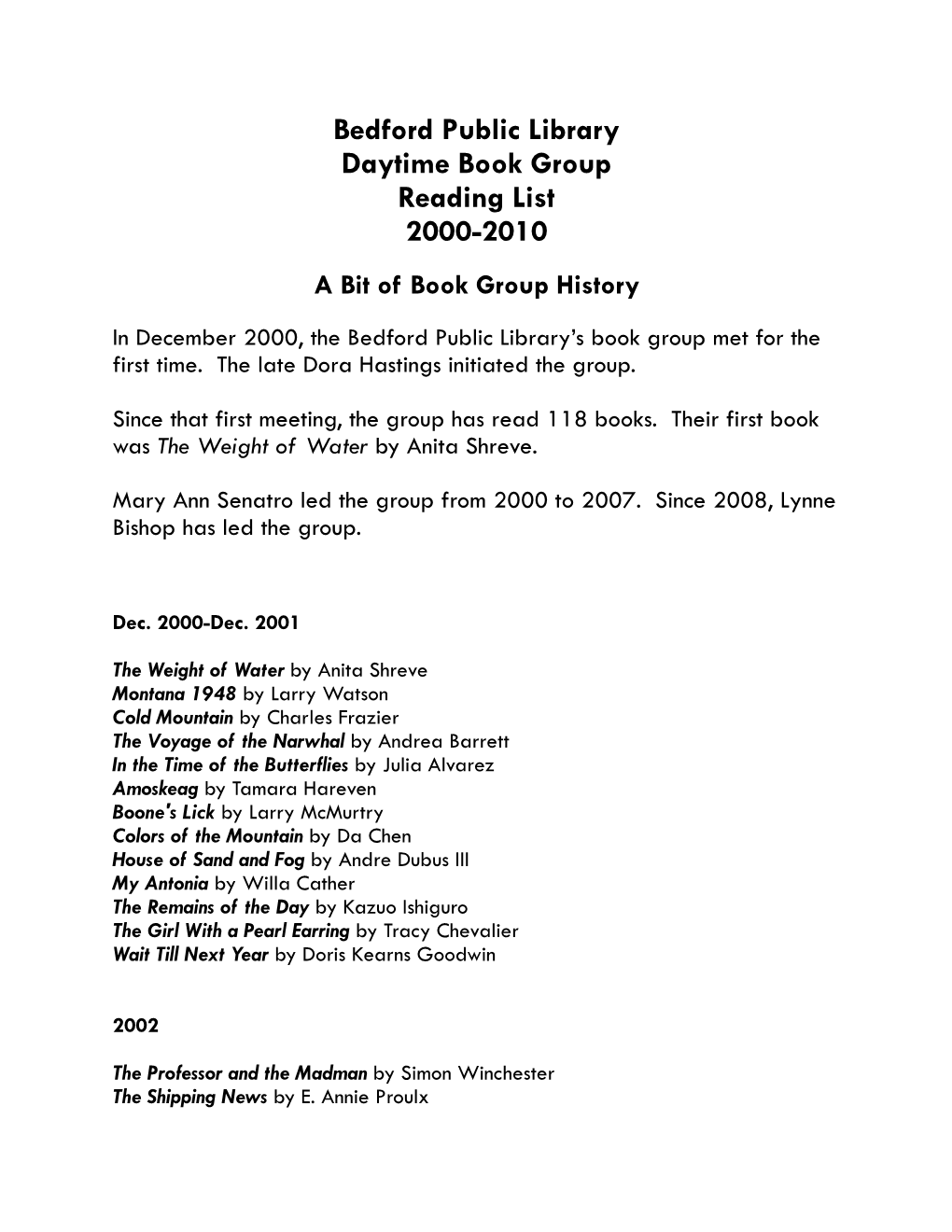 Daytime Book Group Selections 2000-2010