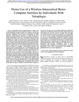 Home Use of a Wireless Intracortical Brain- Computer Interface by Individuals with Tetraplegia