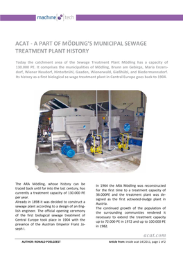 ACAT - a PART of MÖDLING’S MUNICIPAL SEWAGE TREATMENT PLANT HISTORY Today the Catchment Area of the Sewage Treatment Plant Mödling Has a Capacity of 130.000 PE