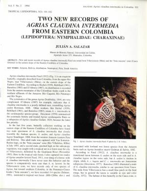 Two New Records of Agrias Claudina Intermedia from Eastern Colombia (Lepidoptera: Nymphalidae: Charaxinae)
