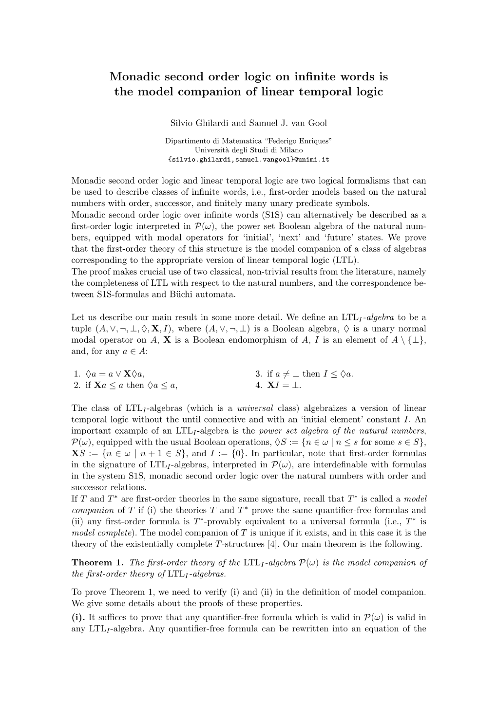 Monadic Second Order Logic on Infinite Words Is the Model Companion of Linear Temporal Logic
