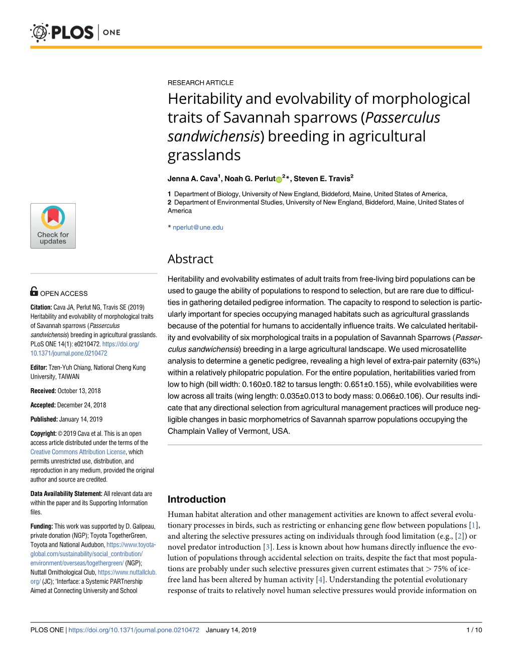 Heritability and Evolvability of Morphological Traits of Savannah Sparrows (Passerculus Sandwichensis) Breeding in Agricultural Grasslands