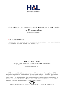 Manifolds of Low Dimension with Trivial Canonical Bundle in Grassmannians Vladimiro Benedetti