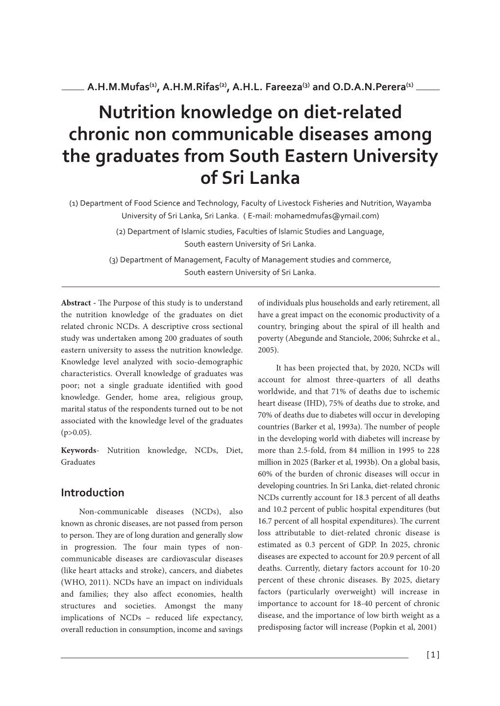 Nutrition Knowledge on Dietrelated Chronic Non Communicable