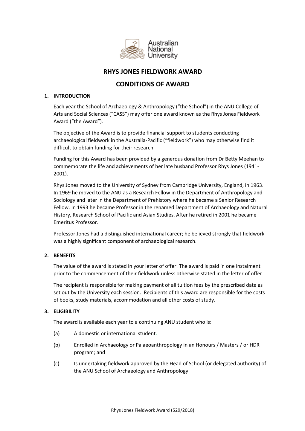 Rhys Jones Fieldwork Award Conditions of Award