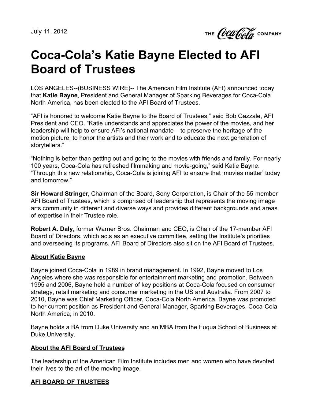 Coca-Cola's Katie Bayne Elected to AFI Board of Trustees
