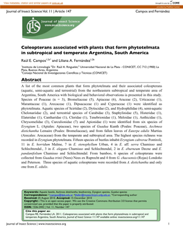 Coleopterans Associated with Plants That Form Phytotelmata in Subtropical and Temperate Argentina, South America Abstract