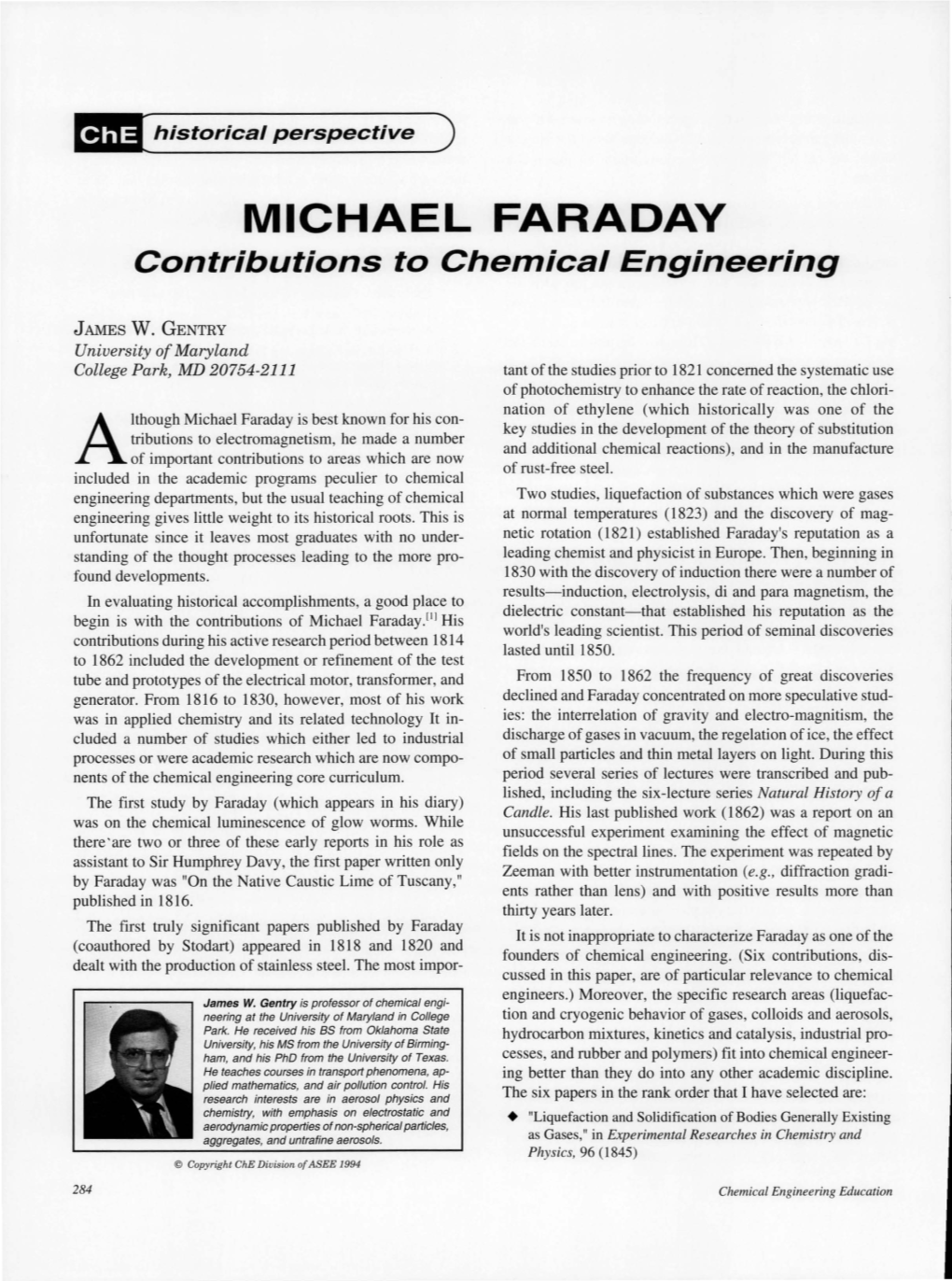 MICHAEL FARADAY Contributions to Chemical Engineering