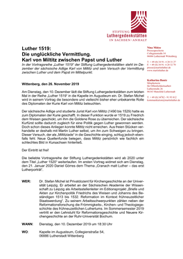 Luther 1519: Die Unglückliche Vermittlung. Karl Von Miltitz