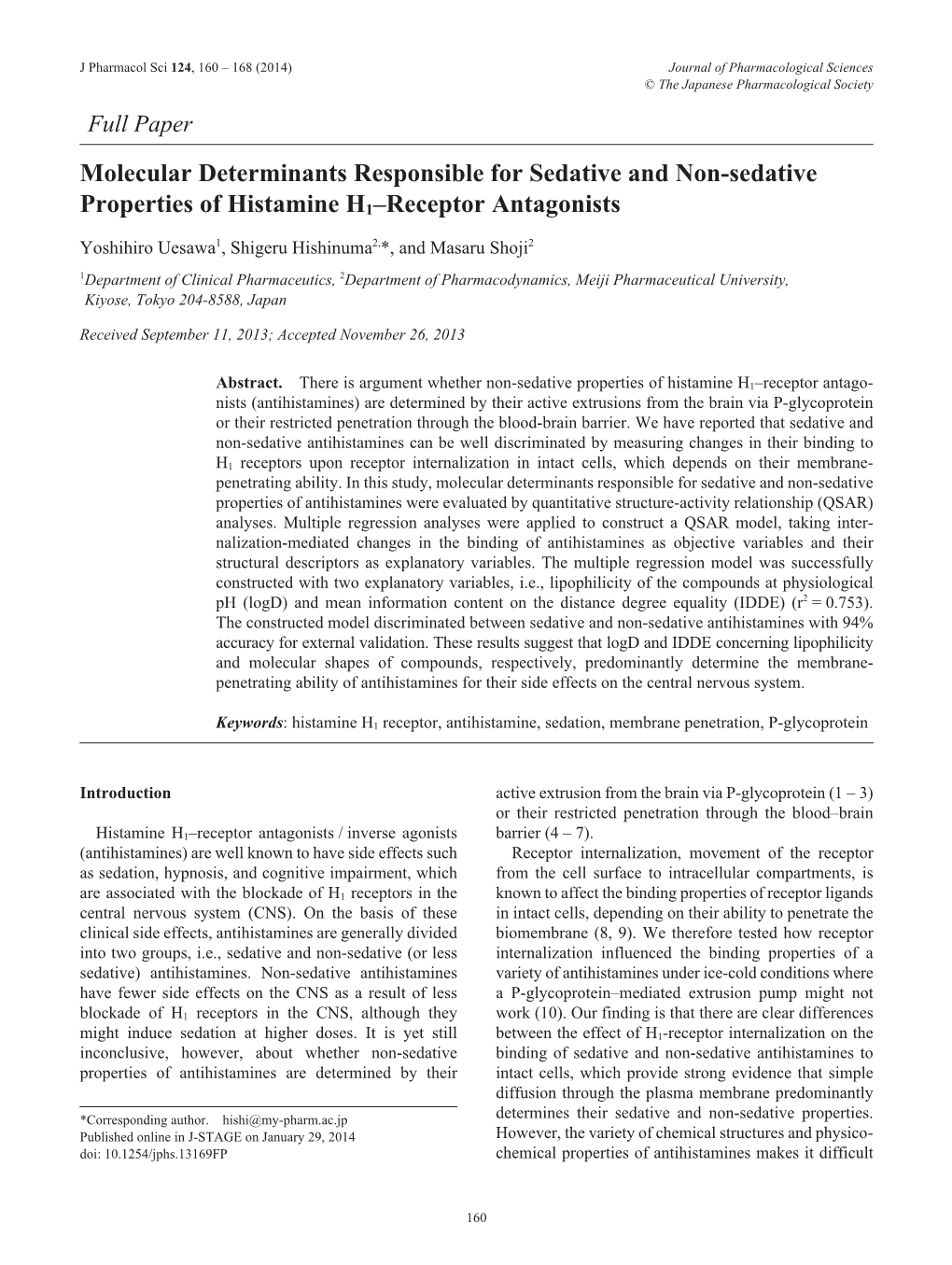 Molecular Determinants Responsible for Sedative and Non-Sedative Properties of Histamine H1–Receptor Antagonists