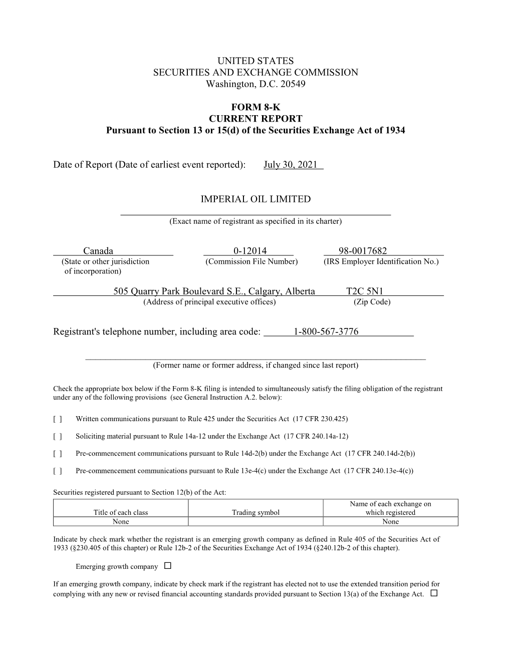 Imperial Oil Limited Q2 2021 SEC Form 8-K -- 29Jul21 Filing
